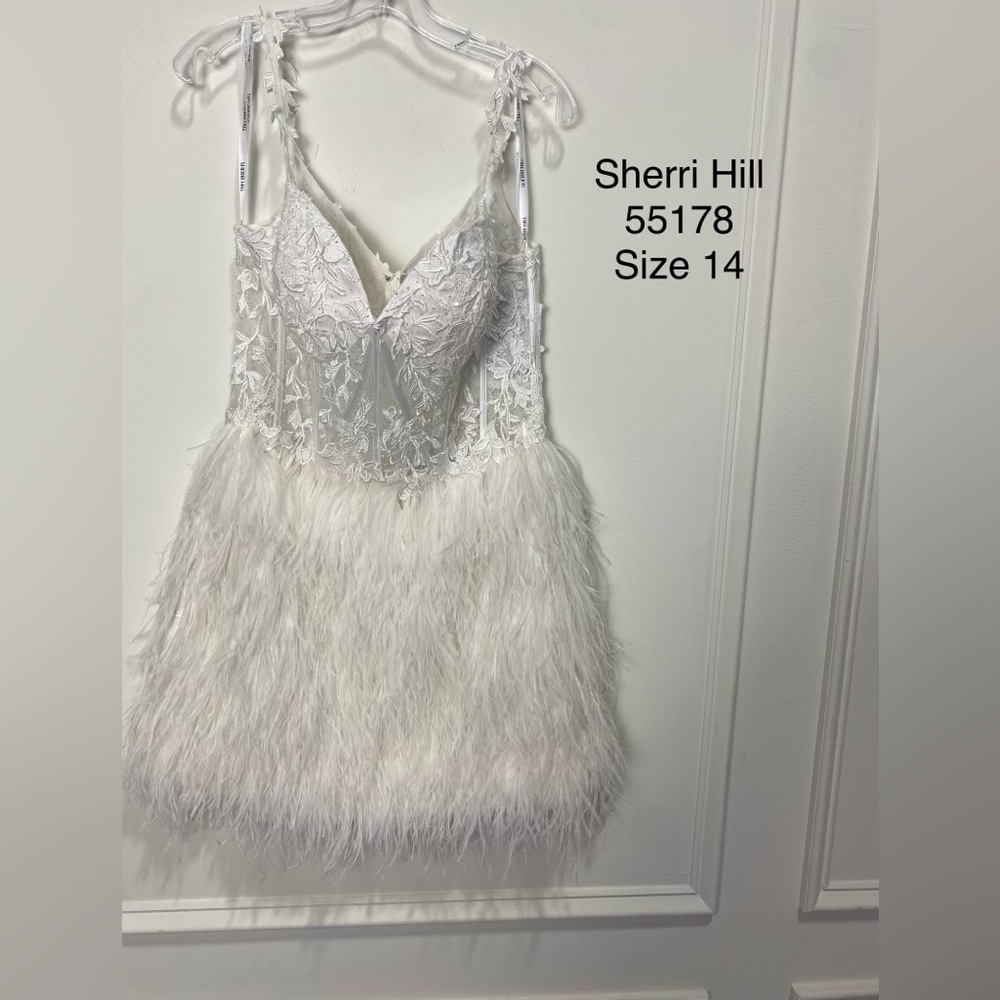 Sherri Hill White Lace and Feather Prom Dress